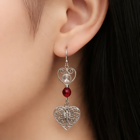 Don't Forget VALENTINES Day! Elegant 925 Silver and Red Heart Dangle Earrings - Picture 1 of 4